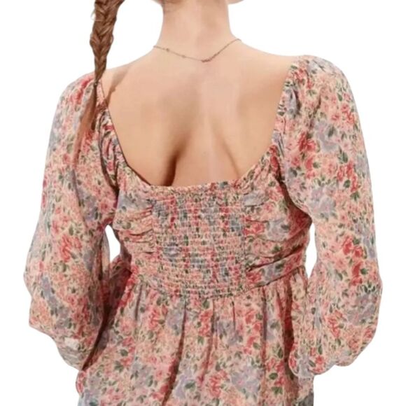 American Eagle Girly Boho Chic Chiffon Blouse Peach Floral Ruched Peplum Top S - Picture 7 of 13